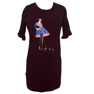 Maroon Sweater Dress with Woman with Dogs